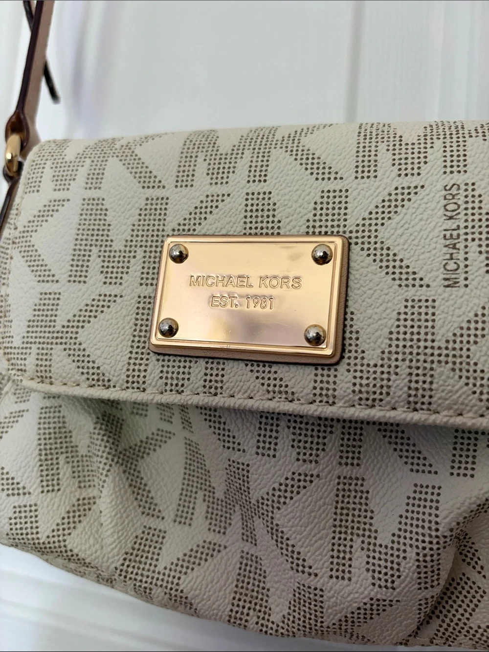 Michael Kors Cream Logo Crossbody Bag with Gold Plate